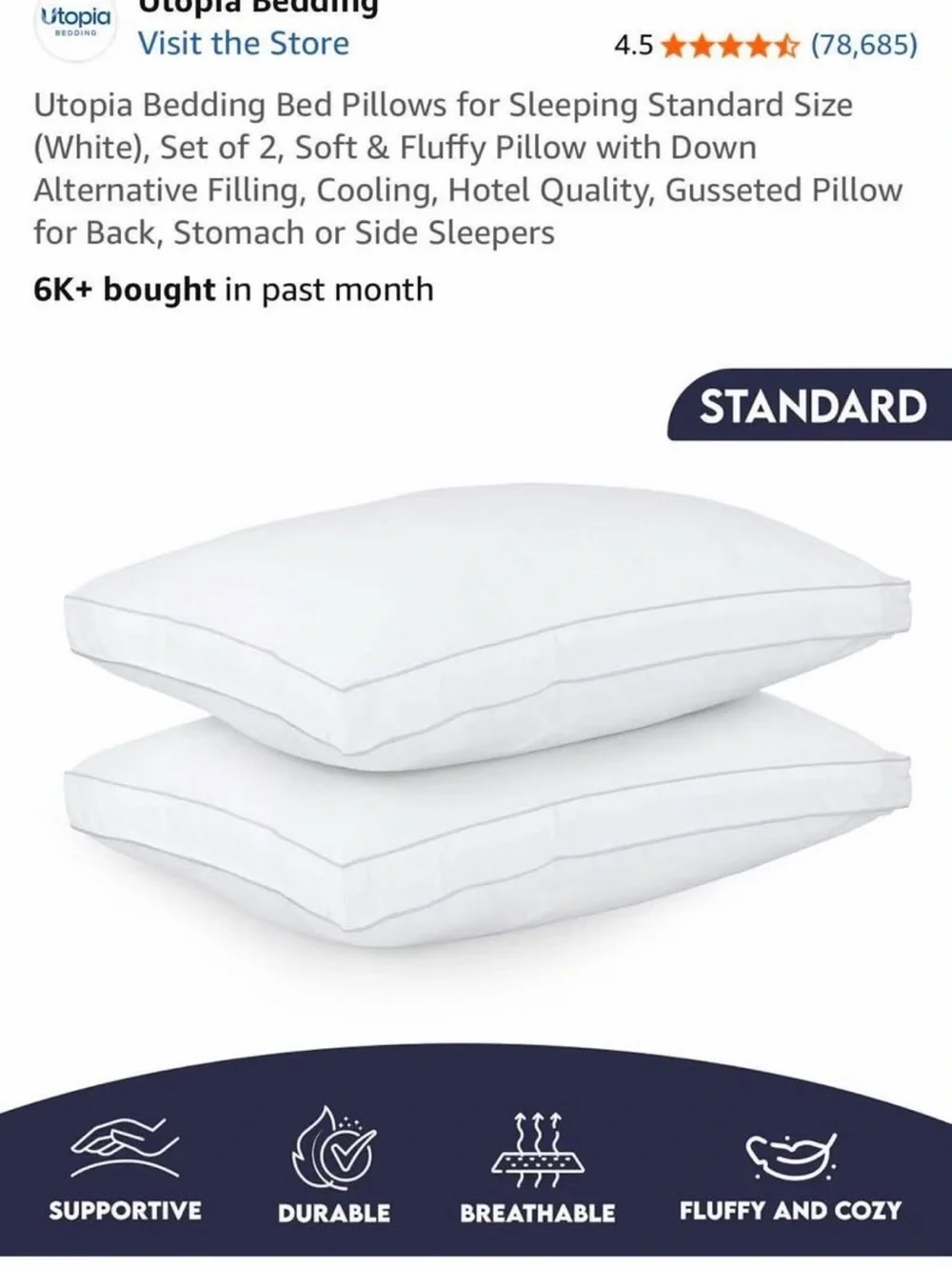 NIB Utopia Bedding Standard Pillows - two pack